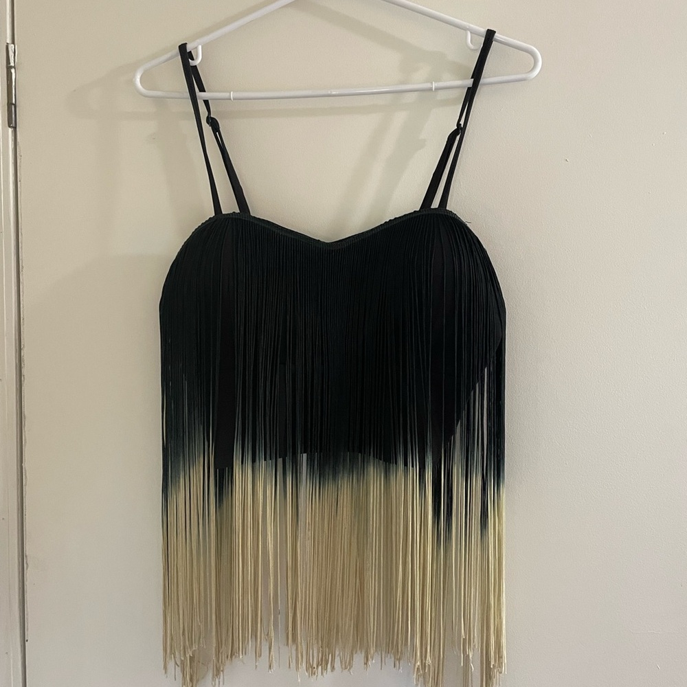Parisian Works Black and Cream Fringe Top
